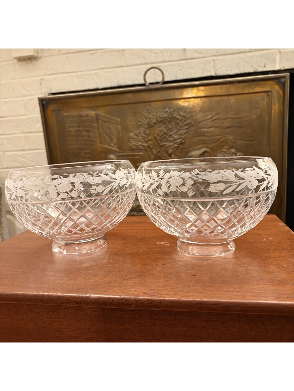 Crystal Lamp Shades Etched Floral Scroll Border Diamond Cut Pair Of 2
